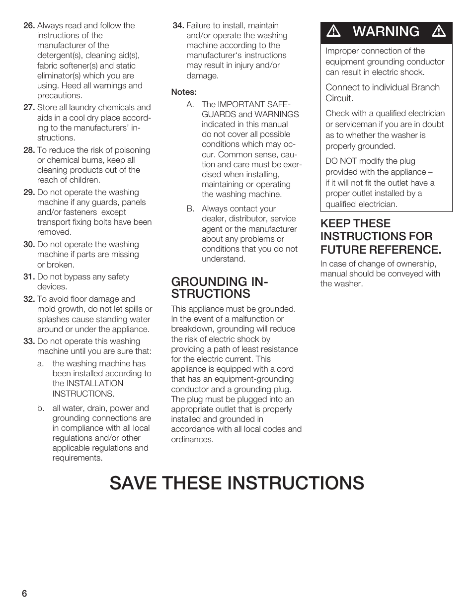 Save these instructions, Warning, Grounding inć structions | Keep these instructions for future reference | Bosch Lavadora Next Premium User Manual | Page 6 / 124