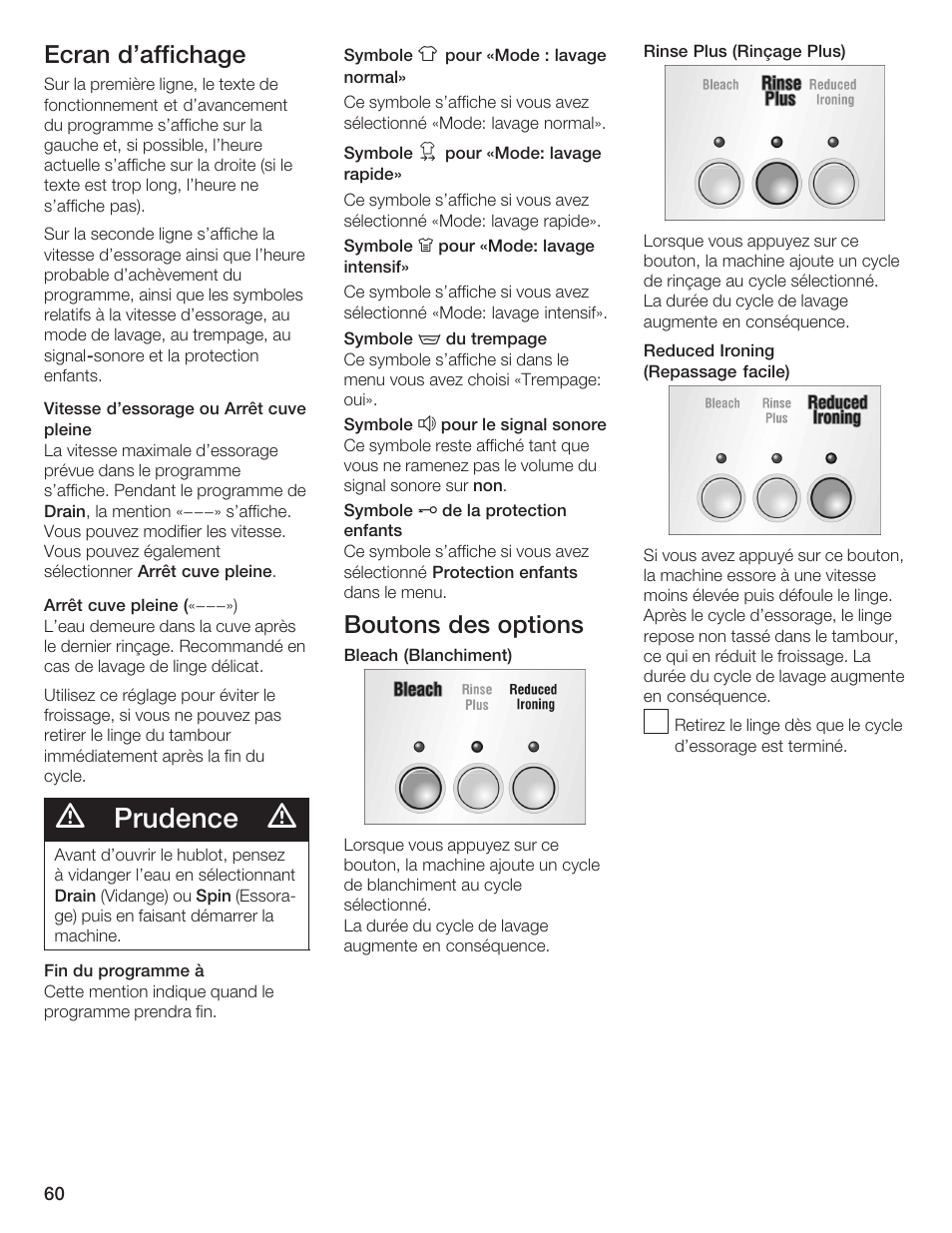 Prudence, Ecran d'affichage, Boutons des options | Bosch Lavadora Next Premium User Manual | Page 60 / 124