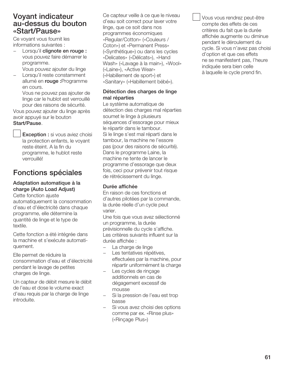 Voyant indicateur aućdessus du bouton «start/pause, Fonctions spéciales | Bosch Lavadora Next Premium User Manual | Page 61 / 124