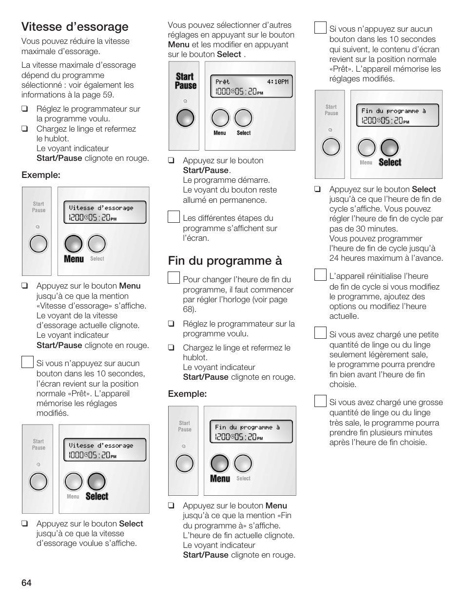 Vitesse d'essorage, Fin du programme à | Bosch Lavadora Next Premium User Manual | Page 64 / 124