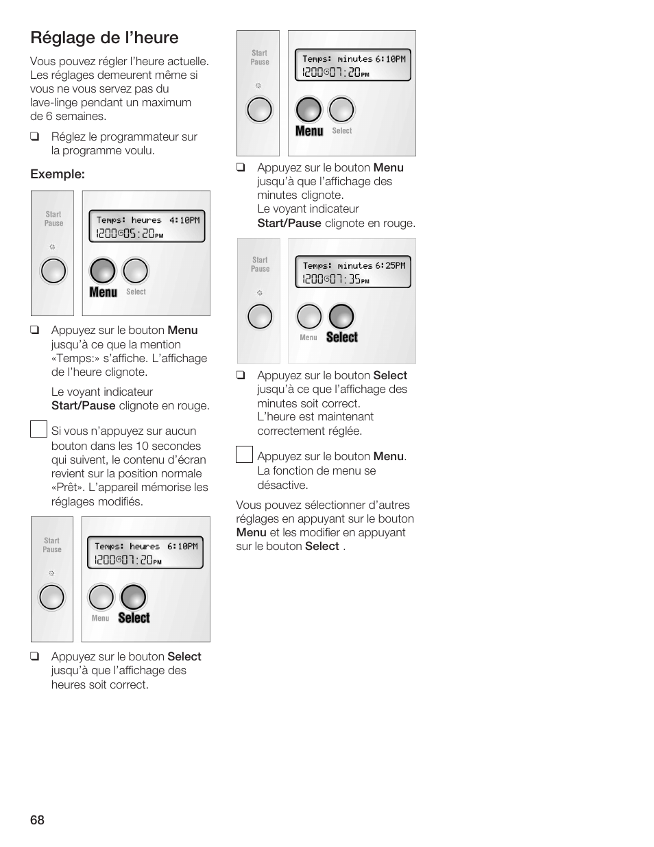 Réglage de l'heure | Bosch Lavadora Next Premium User Manual | Page 68 / 124