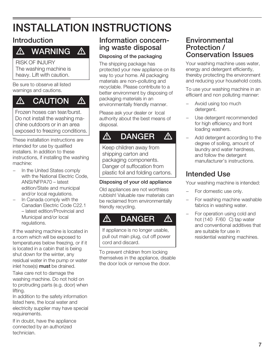 Installation instructions, Warning, Caution | Danger, Introduction, Information concernć ing waste disposal, Environmental protection / conservation issues, Intended use | Bosch Lavadora Next Premium User Manual | Page 7 / 124