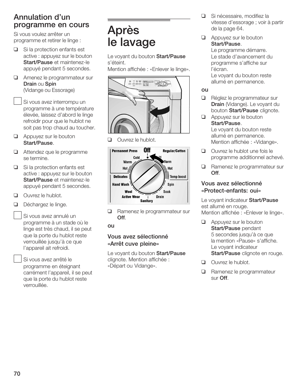 Après le lavage, Annulation d'un programme en cours | Bosch Lavadora Next Premium User Manual | Page 70 / 124