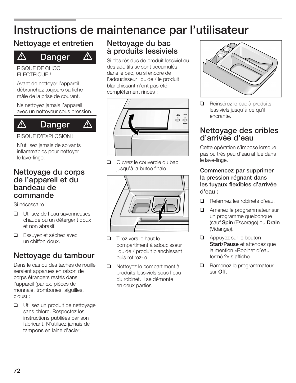 Instructions de maintenance par l'utilisateur, Danger, Nettoyage et entretien | Nettoyage du tambour, Nettoyage du bac à produits lessiviels, Nettoyage des cribles d'arrivée d'eau | Bosch Lavadora Next Premium User Manual | Page 72 / 124