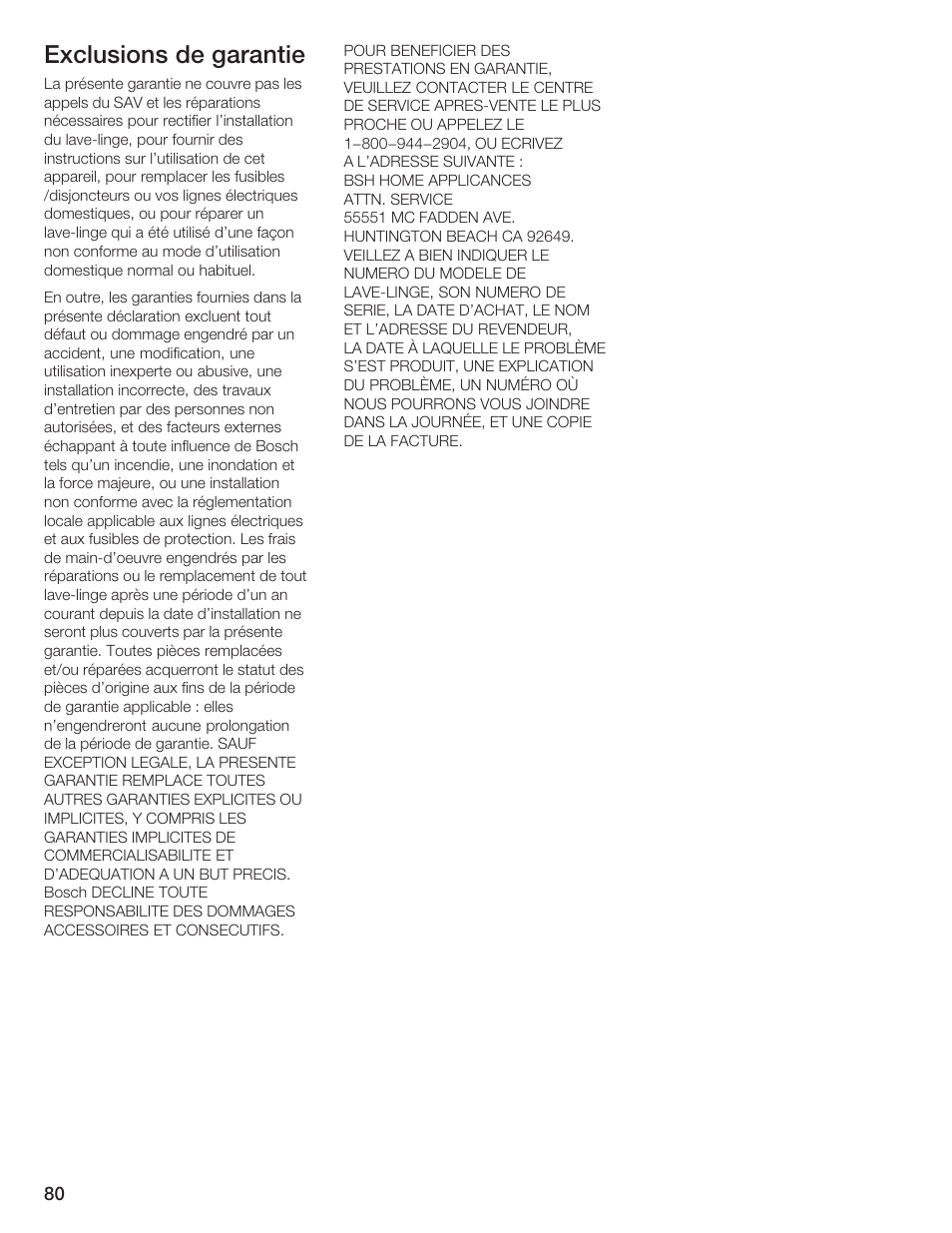 Exclusions de garantie | Bosch Lavadora Next Premium User Manual | Page 80 / 124