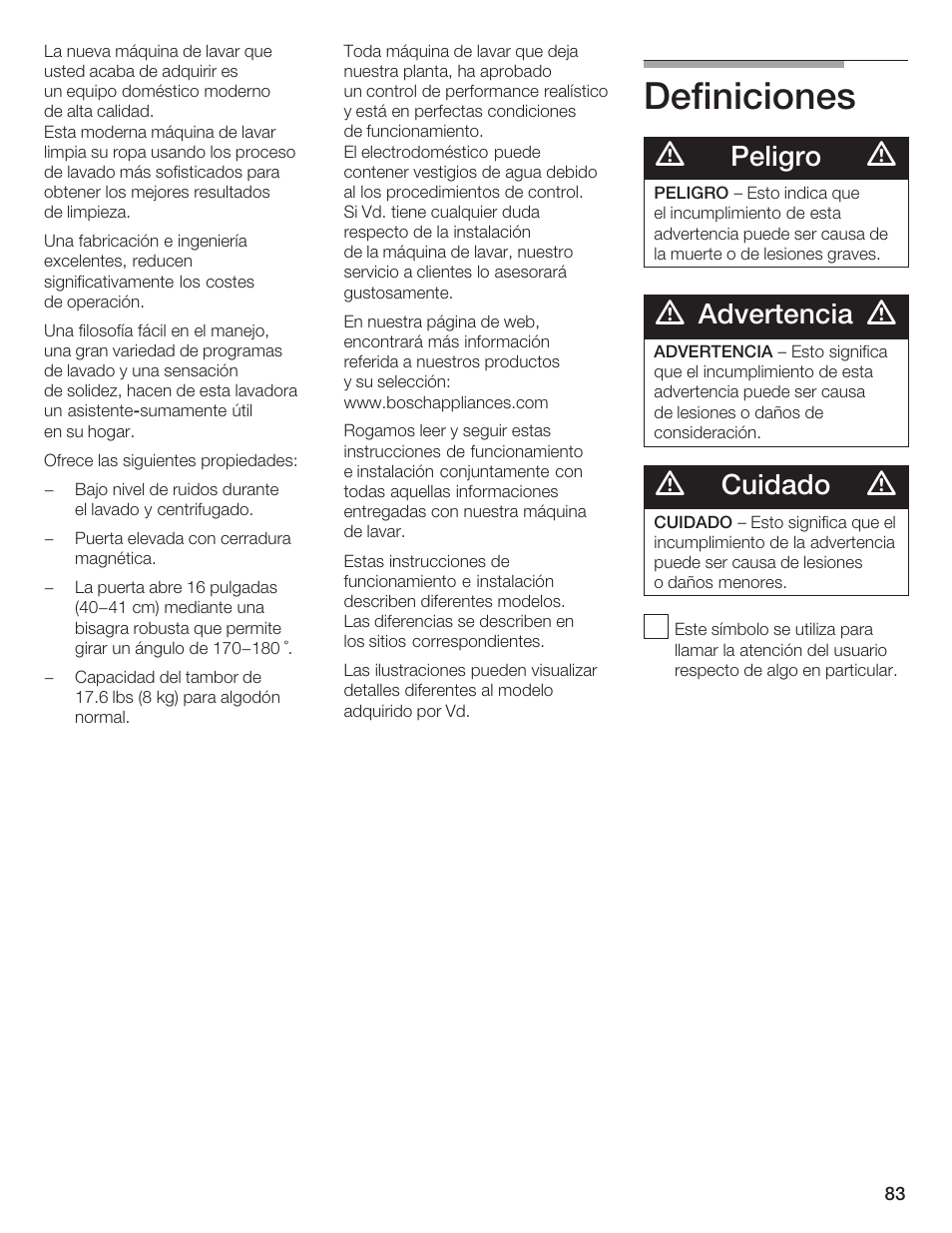 Definiciones, Peligro, Advertencia | Cuidado | Bosch Lavadora Next Premium User Manual | Page 83 / 124