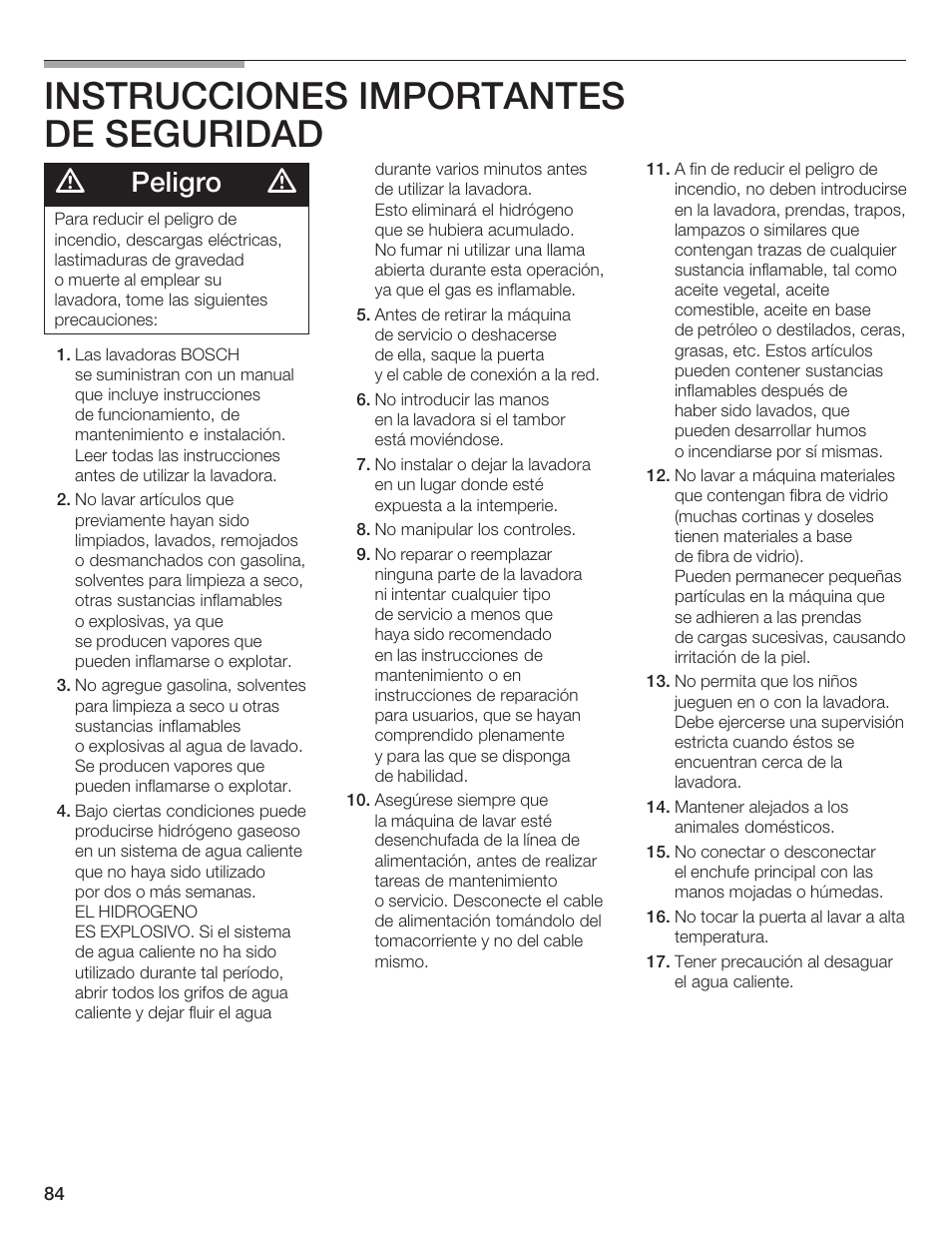 Instrucciones importantes de seguridad, Peligro | Bosch Lavadora Next Premium User Manual | Page 84 / 124