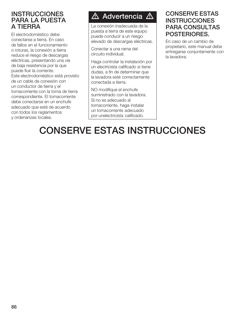 Conserve estas instrucciones, Advertencia, Instrucciones para la puesta a tierra | Bosch Lavadora Next Premium User Manual | Page 86 / 124