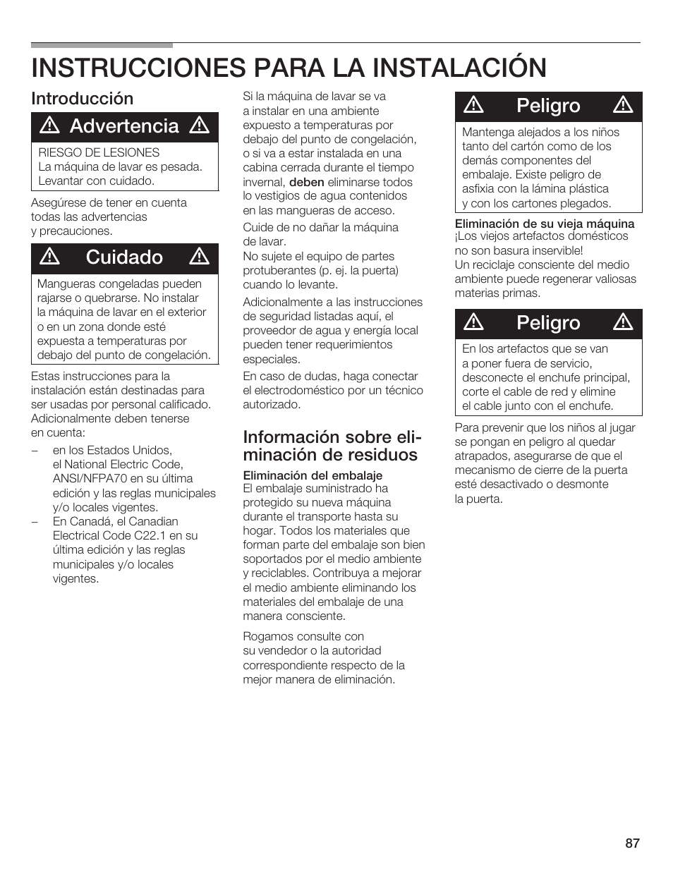 Instrucciones para la instalación, Advertencia, Cuidado | Peligro, Introducción, Información sobre elić minación de residuos | Bosch Lavadora Next Premium User Manual | Page 87 / 124