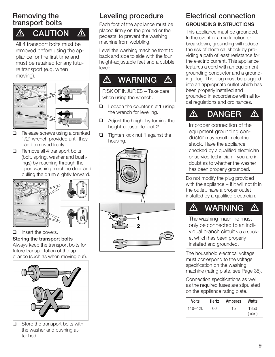 Caution, Warning, Danger | Removing the transport bolts, Leveling procedure, Electrical connection | Bosch Lavadora Next Premium User Manual | Page 9 / 124