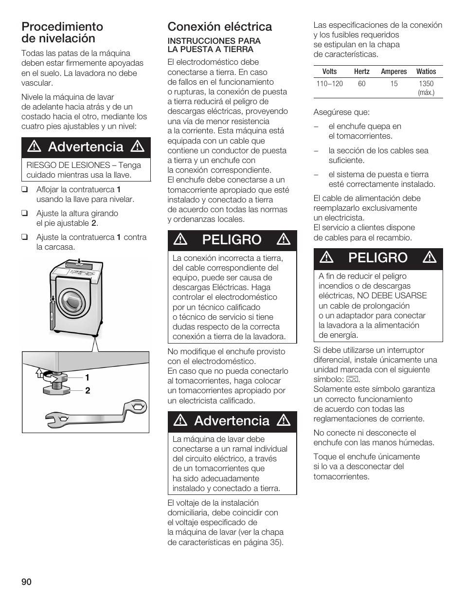 Advertencia, Peligro, Procedimiento de nivelación | Conexión eléctrica | Bosch Lavadora Next Premium User Manual | Page 90 / 124