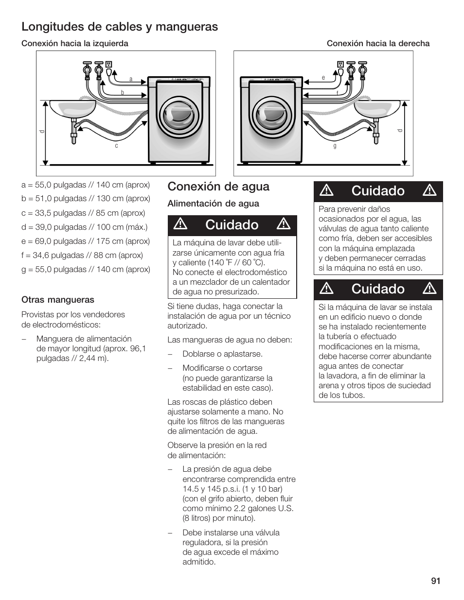 Cuidado, Longitudes de cables y mangueras, Conexión de agua | Bosch Lavadora Next Premium User Manual | Page 91 / 124