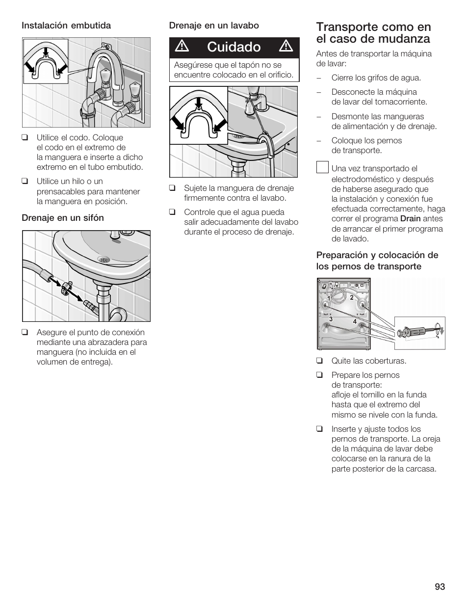 Cuidado, Transporte como en el caso de mudanza | Bosch Lavadora Next Premium User Manual | Page 93 / 124