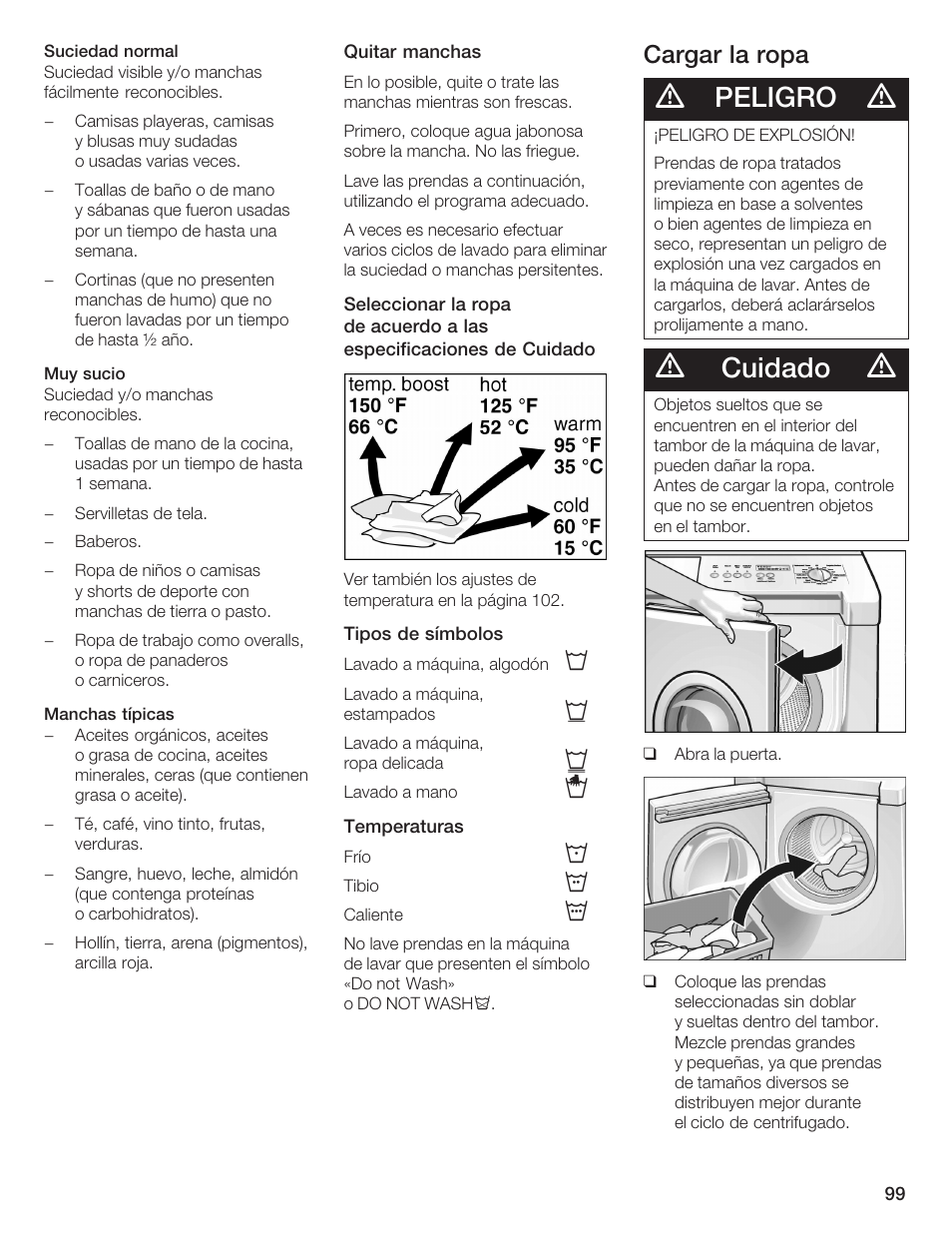 Peligro, Cuidado, Cargar la ropa | Bosch Lavadora Next Premium User Manual | Page 99 / 124