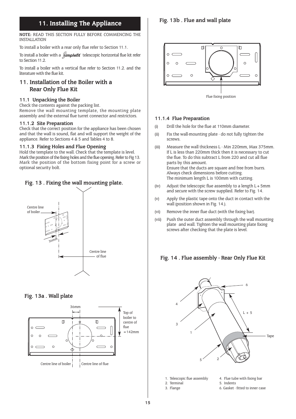 Installing the appliance, Fig. 14 . flue assembly - rear only flue kit, Fig. 13a . wall plate | Fig. 13b . flue and wall plate, Fig. 13 . fixing the wall mounting plate | Bosch 14/19CBI User Manual | Page 15 / 44