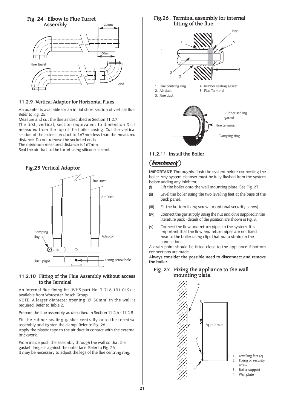 Fig. 24 - elbow to flue turret assembly, Fig.25 vertical adaptor | Bosch 14/19CBI User Manual | Page 21 / 44