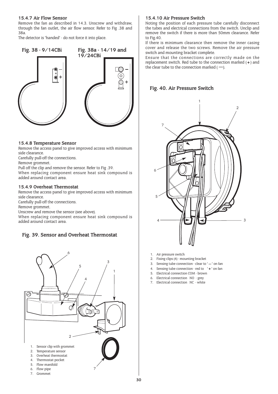 Fig. 39. sensor and overheat thermostat, Fig. 40. air pressure switch | Bosch 14/19CBI User Manual | Page 30 / 44