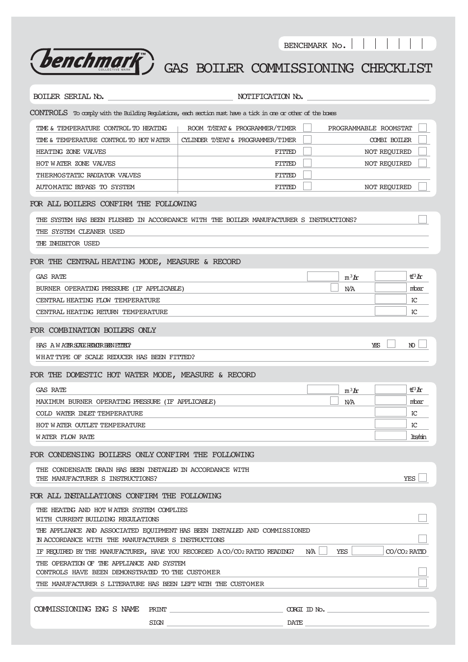 Gas boiler commissioning checklist | Bosch 14/19CBI User Manual | Page 41 / 44