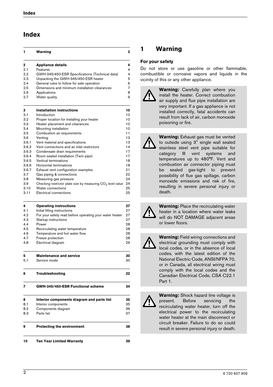 Index, 1warning | Bosch PROTANKLESS GWH 345/450 ESR User Manual | Page 2 / 40