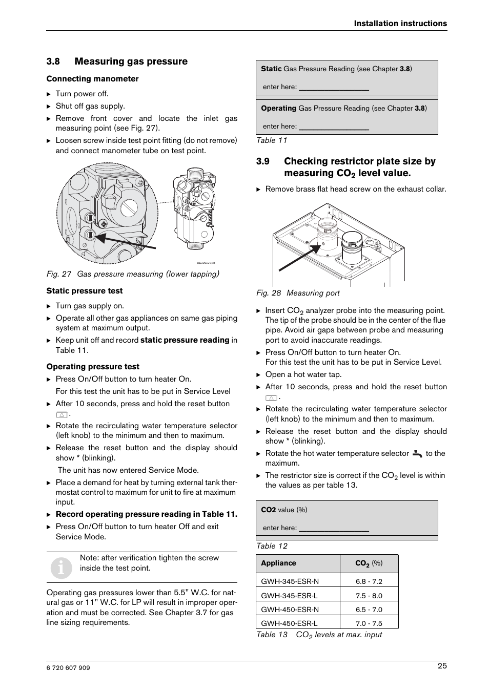 8 measuring gas pressure, 9 checking restrictor plate size by measuring co, Level value | Bosch PROTANKLESS GWH 345/450 ESR User Manual | Page 25 / 40