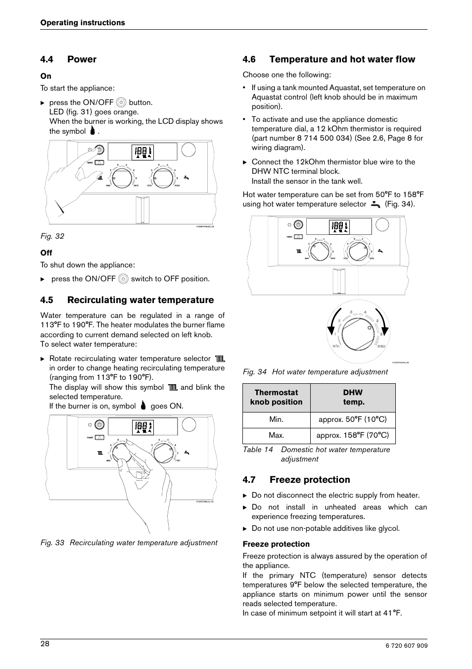 4 power, 5 recirculating water temperature, 6 temperature and hot water flow | 7 freeze protection | Bosch PROTANKLESS GWH 345/450 ESR User Manual | Page 28 / 40