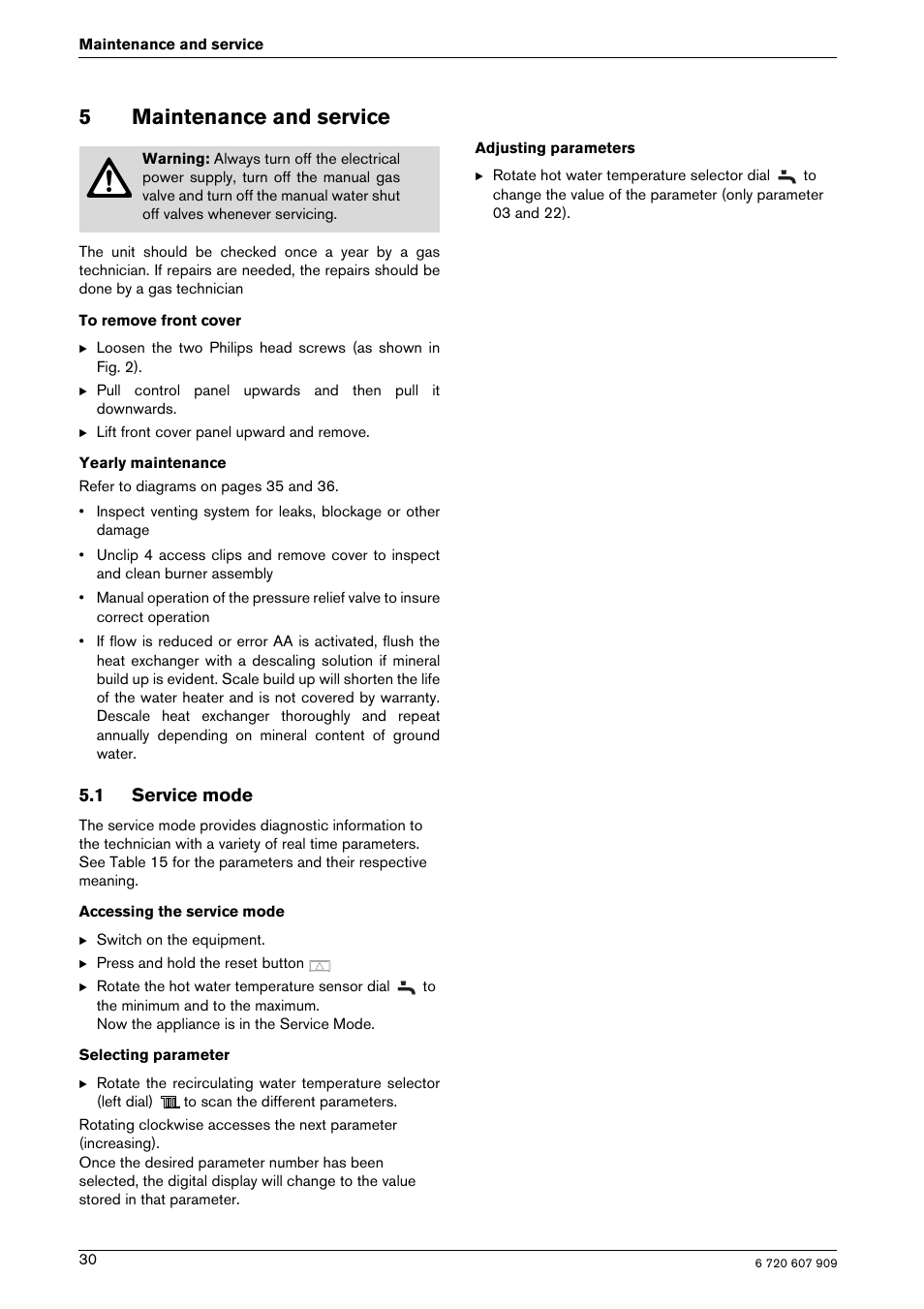 5maintenance and service, 1 service mode | Bosch PROTANKLESS GWH 345/450 ESR User Manual | Page 30 / 40