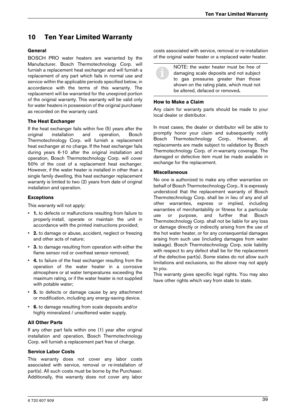 10 ten year limited warranty | Bosch PROTANKLESS GWH 345/450 ESR User Manual | Page 39 / 40