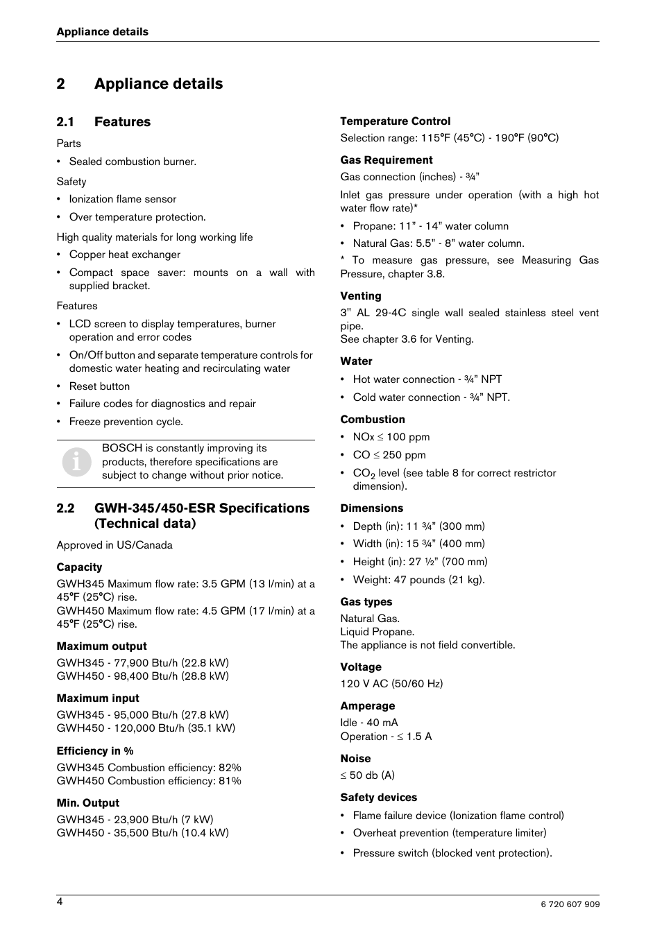 2appliance details | Bosch PROTANKLESS GWH 345/450 ESR User Manual | Page 4 / 40