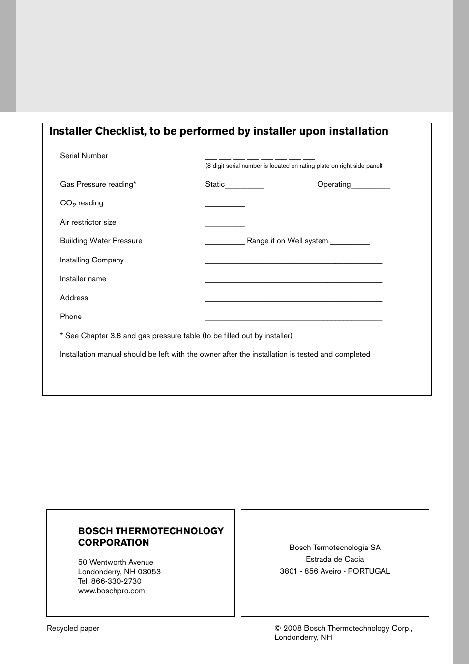 Bosch thermotechnology corporation | Bosch PROTANKLESS GWH 345/450 ESR User Manual | Page 40 / 40