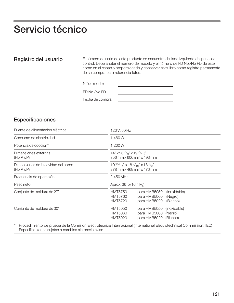 Servicio técnico, Registro del usuario especificaciones | Bosch HMB5060 User Manual | Page 121 / 124