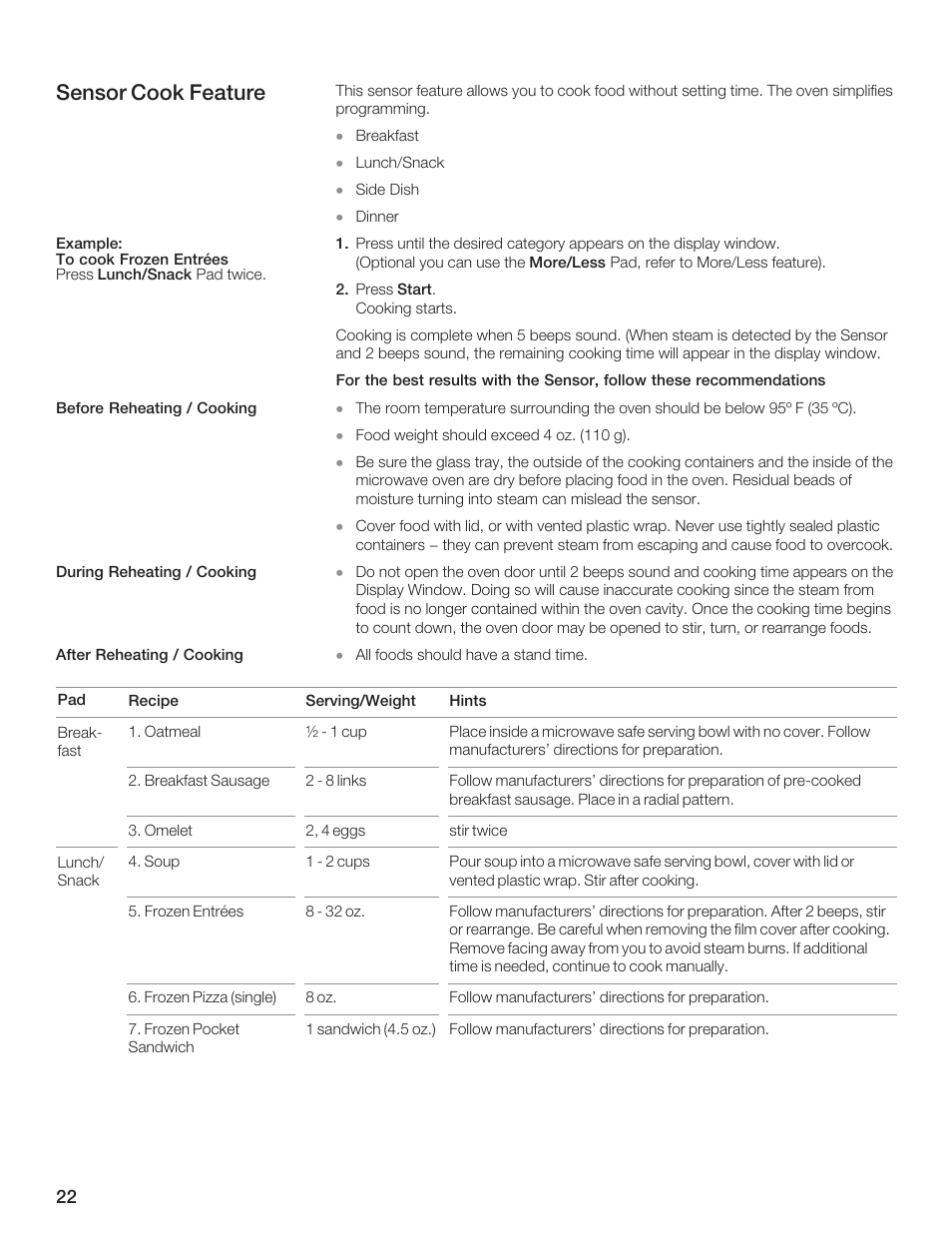 Sensor cook feature | Bosch HMB5060 User Manual | Page 22 / 124