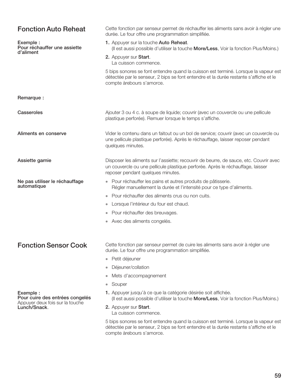 Fonction auto reheat, Fonction sensor cook | Bosch HMB5060 User Manual | Page 59 / 124