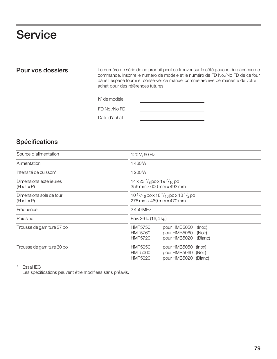 Service, Pour vos dossiers spécifications | Bosch HMB5060 User Manual | Page 79 / 124