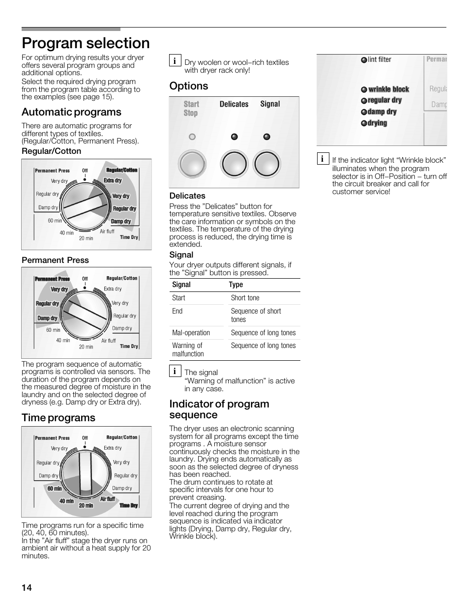 Program selection, Automatic programs, Time programs | Options, Indicator of program sequence | Bosch WTMC1301CN User Manual | Page 14 / 64