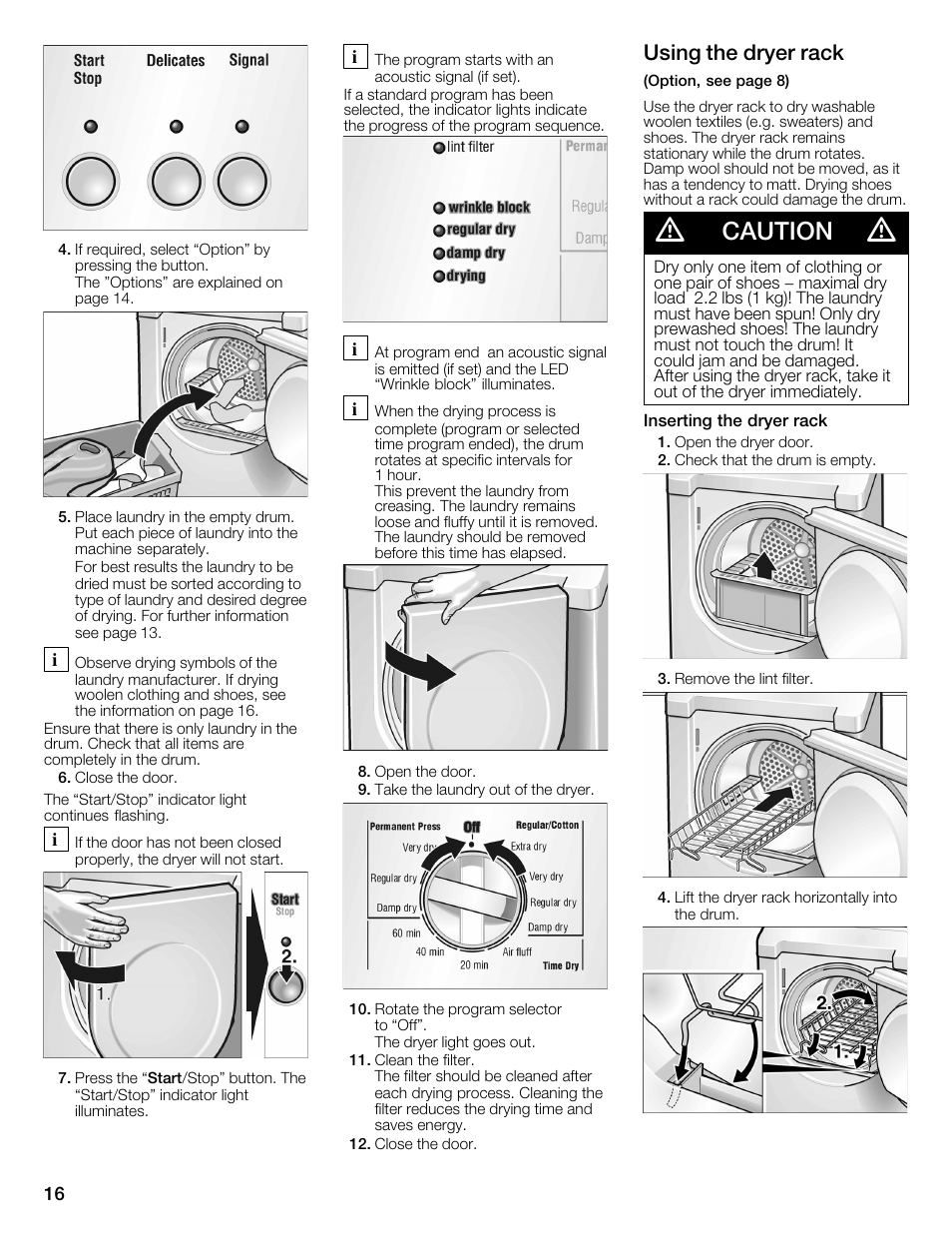 Caution, Using the dryer rack | Bosch WTMC1301CN User Manual | Page 16 / 64