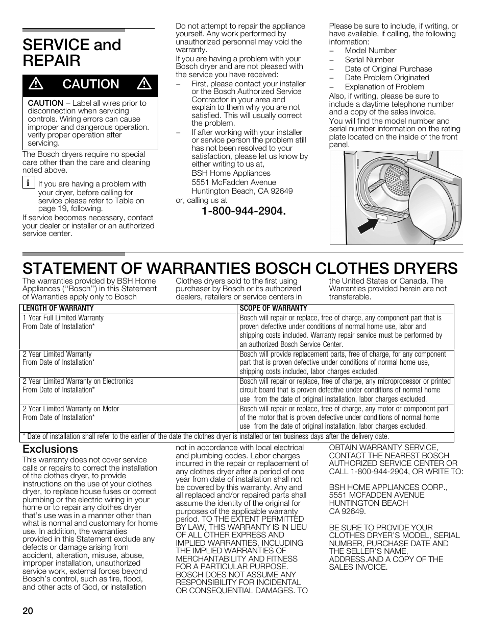 Service and repair d, Statement of warranties bosch clothes dryers, Caution | Exclusions | Bosch WTMC1301CN User Manual | Page 20 / 64