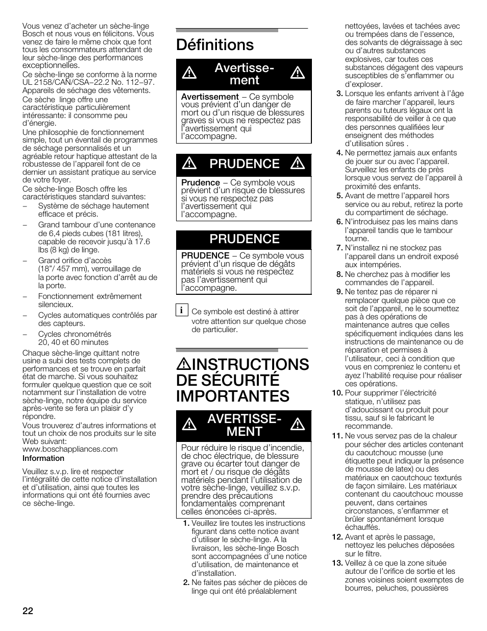 Définitions d, Dinstructions de sécurité importantes d, Avertisseć ment | Prudence | Bosch WTMC1301CN User Manual | Page 22 / 64