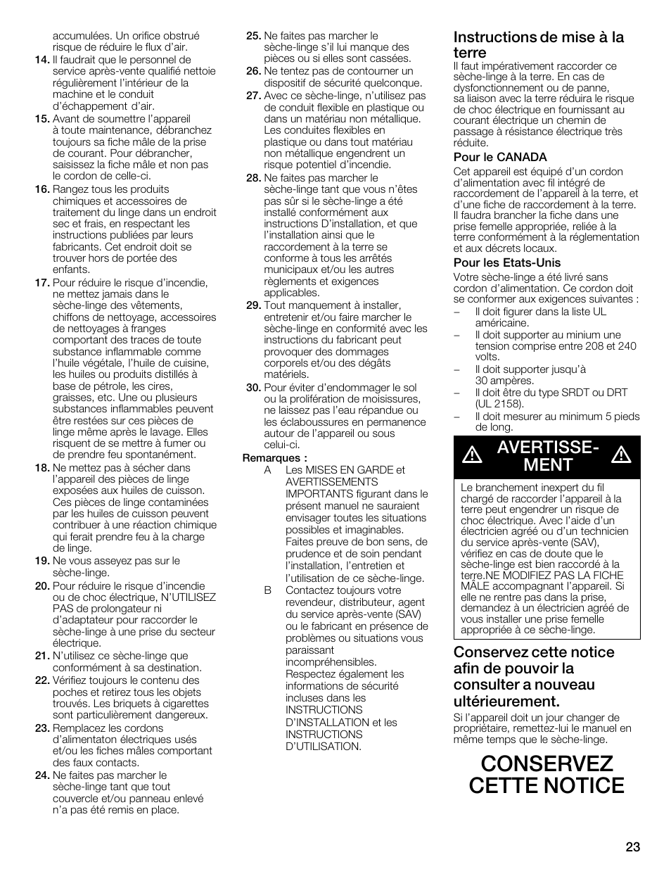 Conservez cette notice, Avertisseć ment, Instructions de mise à la terre | Bosch WTMC1301CN User Manual | Page 23 / 64