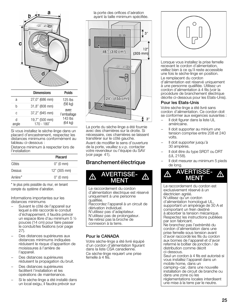 Avertisseć ment, Branchement électrique | Bosch WTMC1301CN User Manual | Page 25 / 64