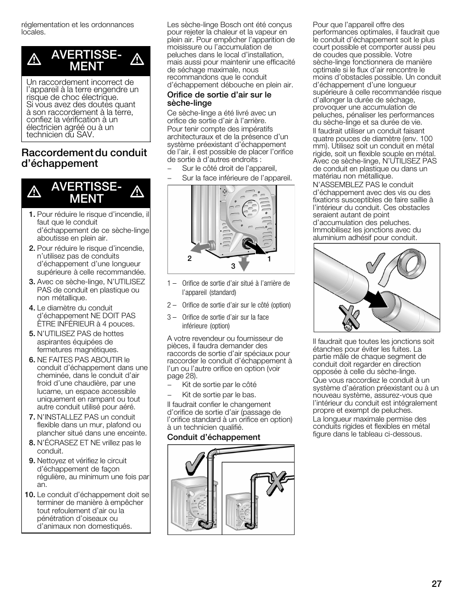 Avertisseć ment, Raccordement du conduit d'échappement | Bosch WTMC1301CN User Manual | Page 27 / 64