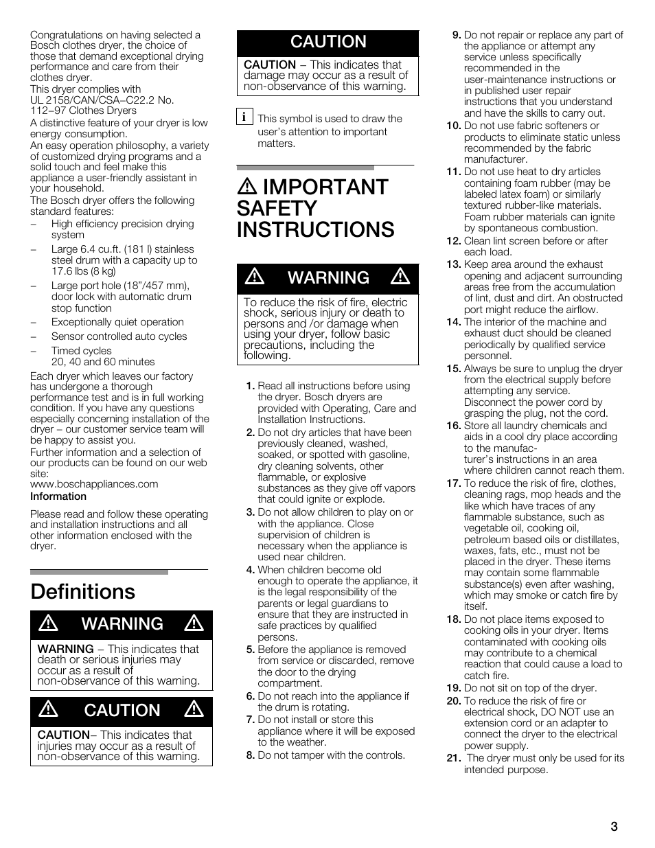 Definitions d, D important safety instructions . .dd d, Warning | Caution | Bosch WTMC1301CN User Manual | Page 3 / 64