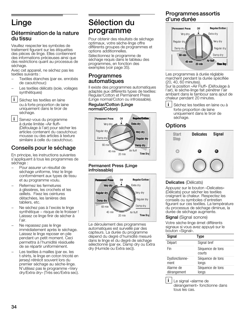 Linge, Sélection du programme, Détermination de la nature du tissu | Conseils pour le séchage, Programmes automatiques, Programmes assortis d'une durée, Options | Bosch WTMC1301CN User Manual | Page 34 / 64