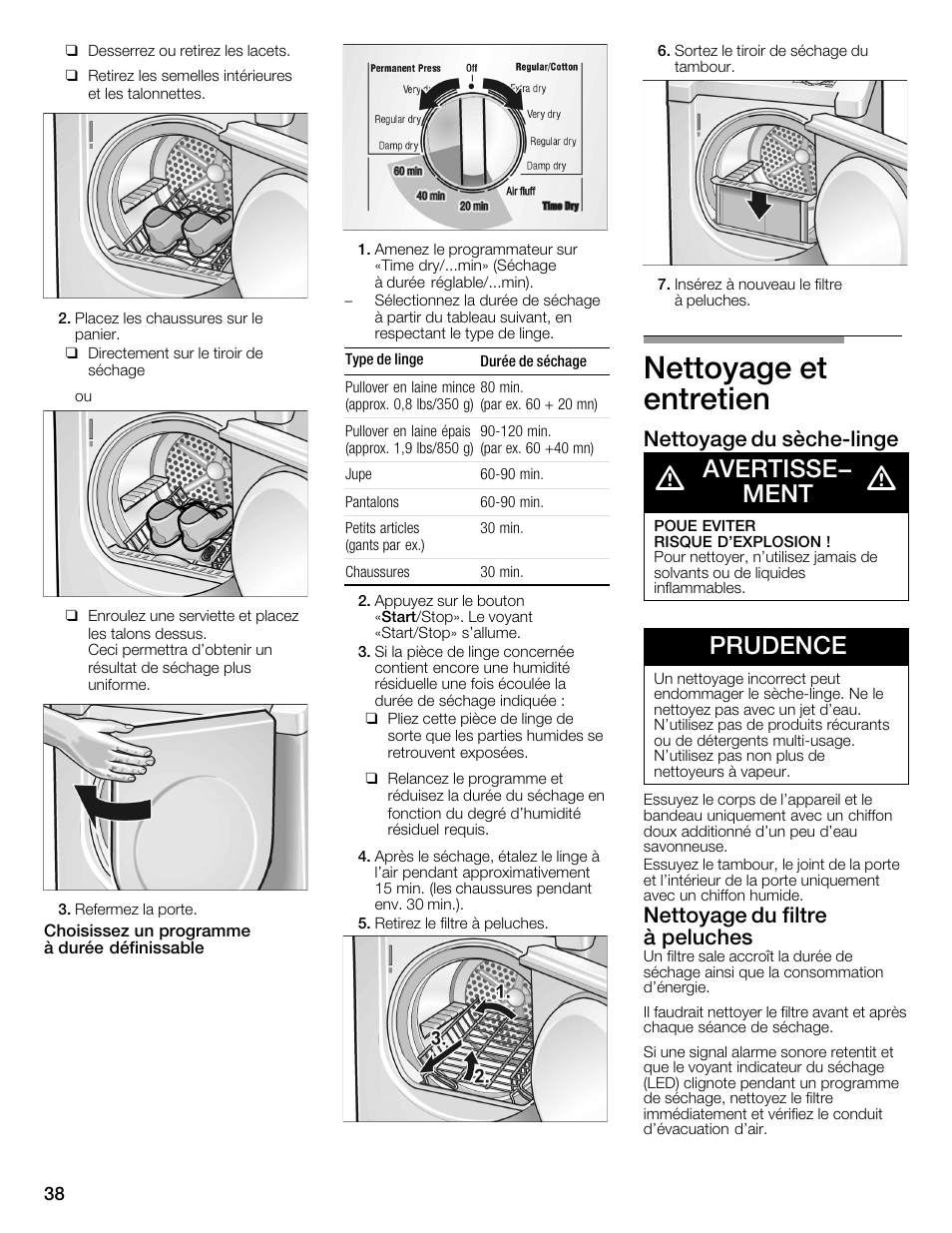 Nettoyage et entretien, Avertisse- ment, Prudence | Nettoyage du sèchećlinge, Nettoyage du filtre à peluches | Bosch WTMC1301CN User Manual | Page 38 / 64