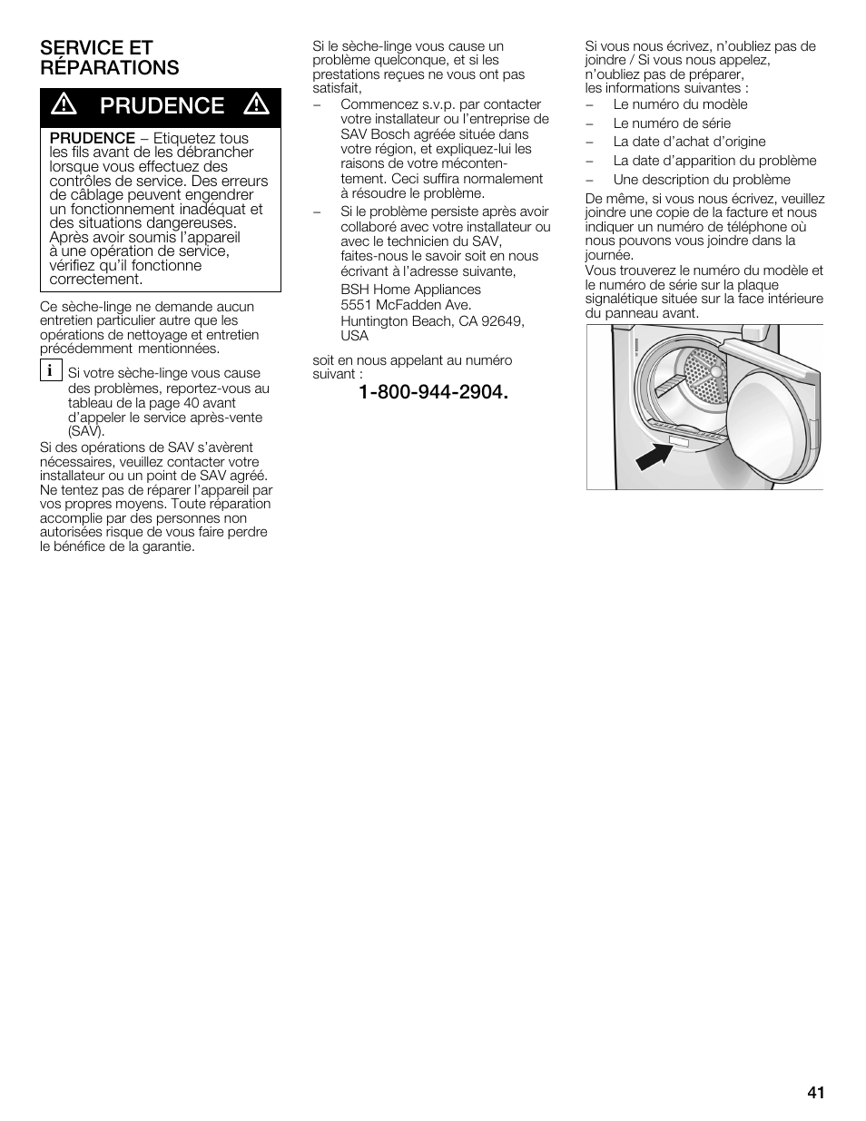 Prudence, Service et réparations | Bosch WTMC1301CN User Manual | Page 41 / 64