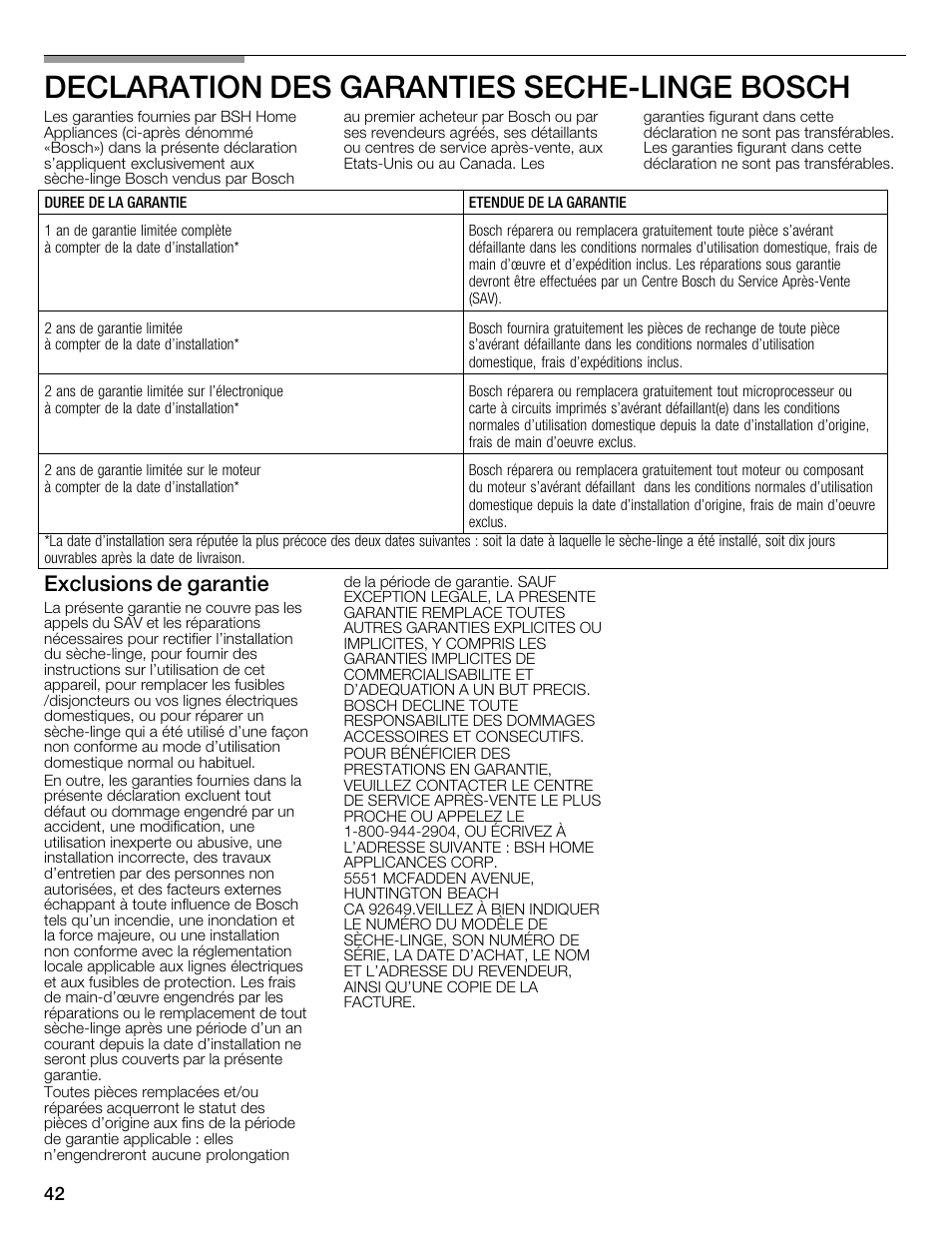 Declaration des garanties sechećlinge bosch, Exclusions de garantie | Bosch WTMC1301CN User Manual | Page 42 / 64