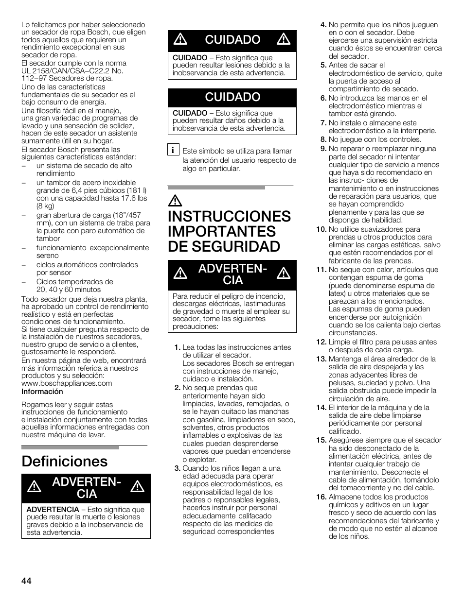 Definiciones d, Dinstrucciones importantes de seguridad d, Advertenć cia | Cuidado | Bosch WTMC1301CN User Manual | Page 44 / 64