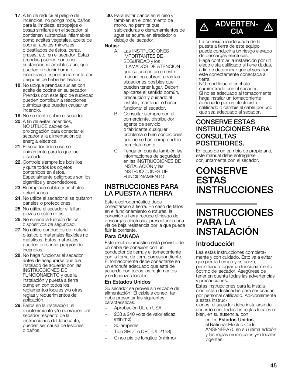 Advertenć cia, Instrucciones para la puesta a tierra, Introducción | Bosch WTMC1301CN User Manual | Page 45 / 64
