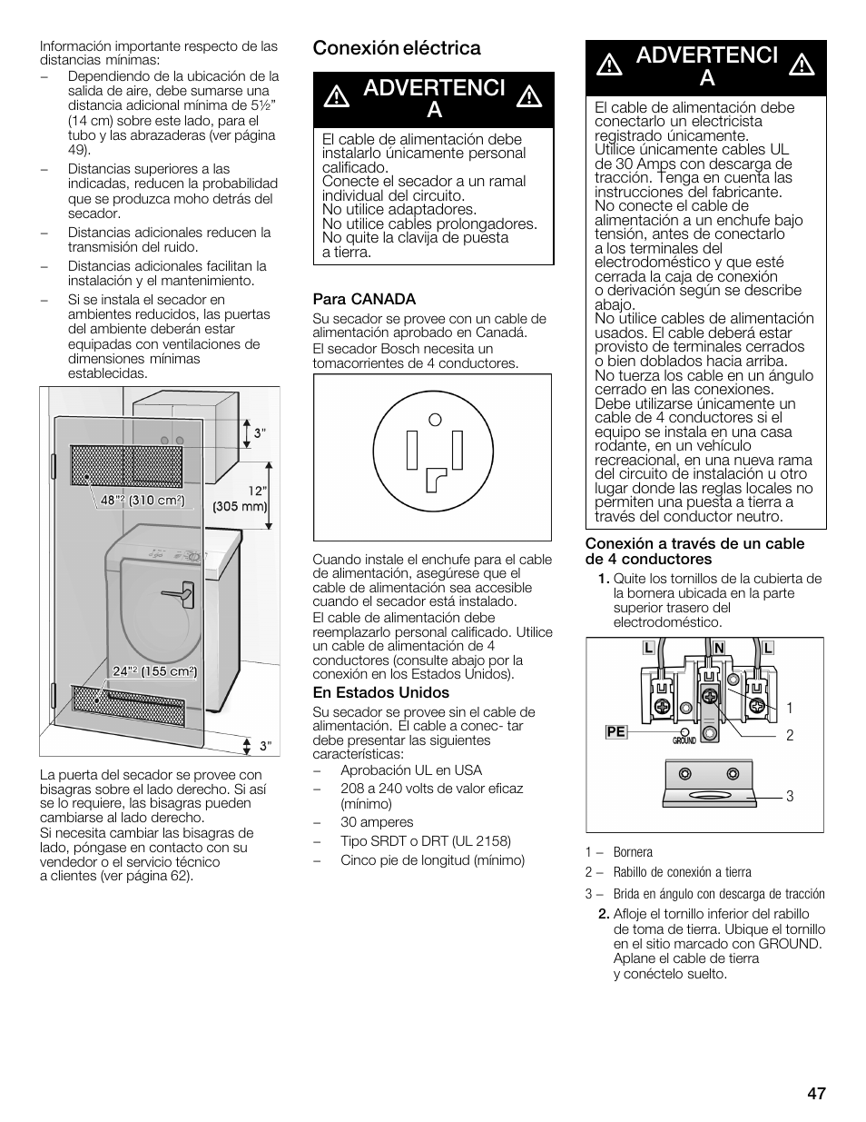 Advertenci a, Conexión eléctrica | Bosch WTMC1301CN User Manual | Page 47 / 64