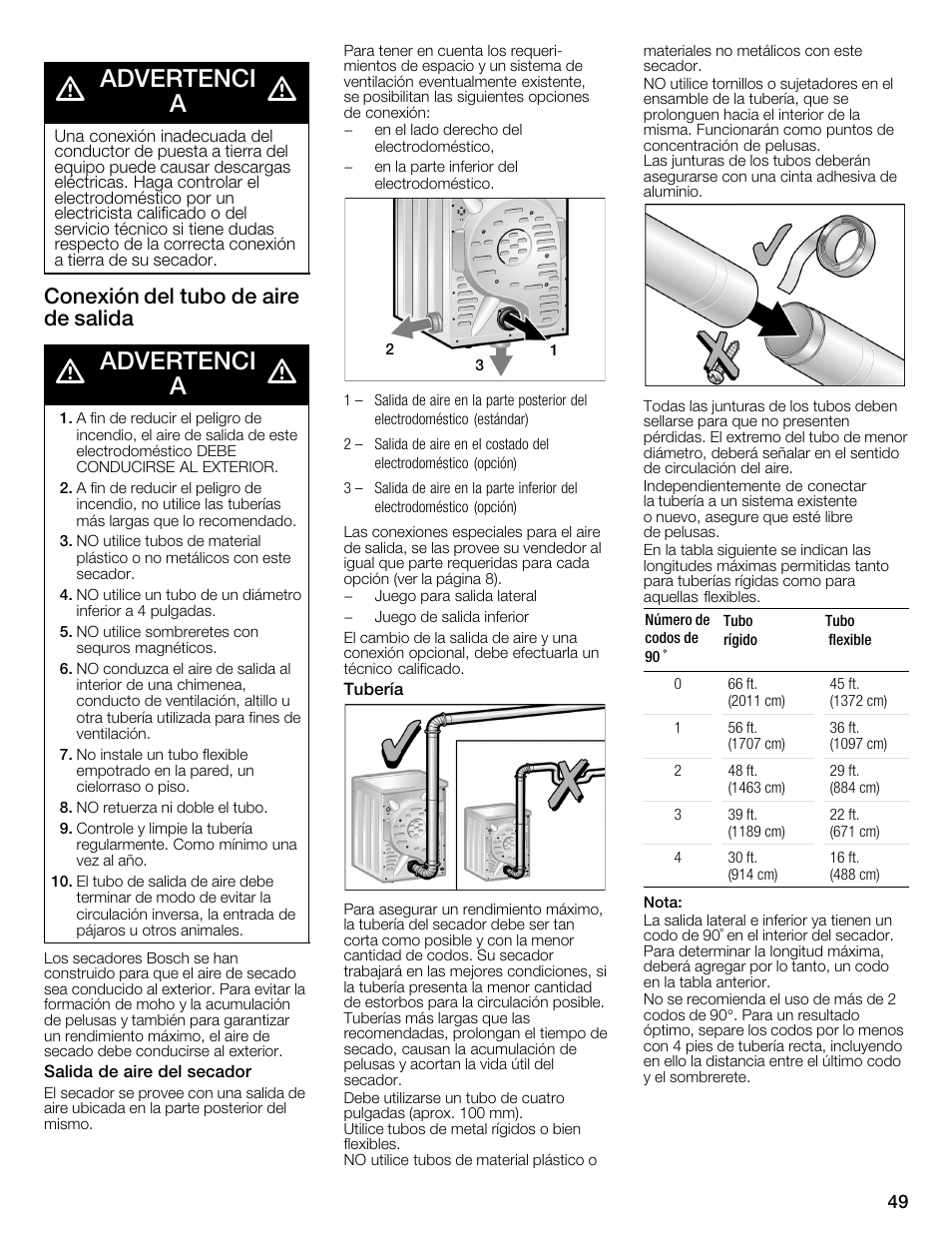 Advertenci a, Conexión del tubo de aire de salida | Bosch WTMC1301CN User Manual | Page 49 / 64