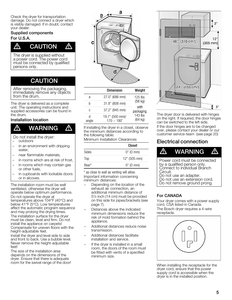 Caution, Warning, Electrical connection | Bosch WTMC1301CN User Manual | Page 5 / 64